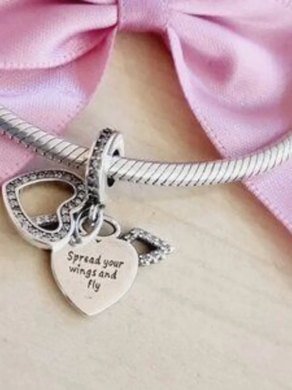 Pandora Heart and Angel Wings Dangle Cubic Zirconia Charm
